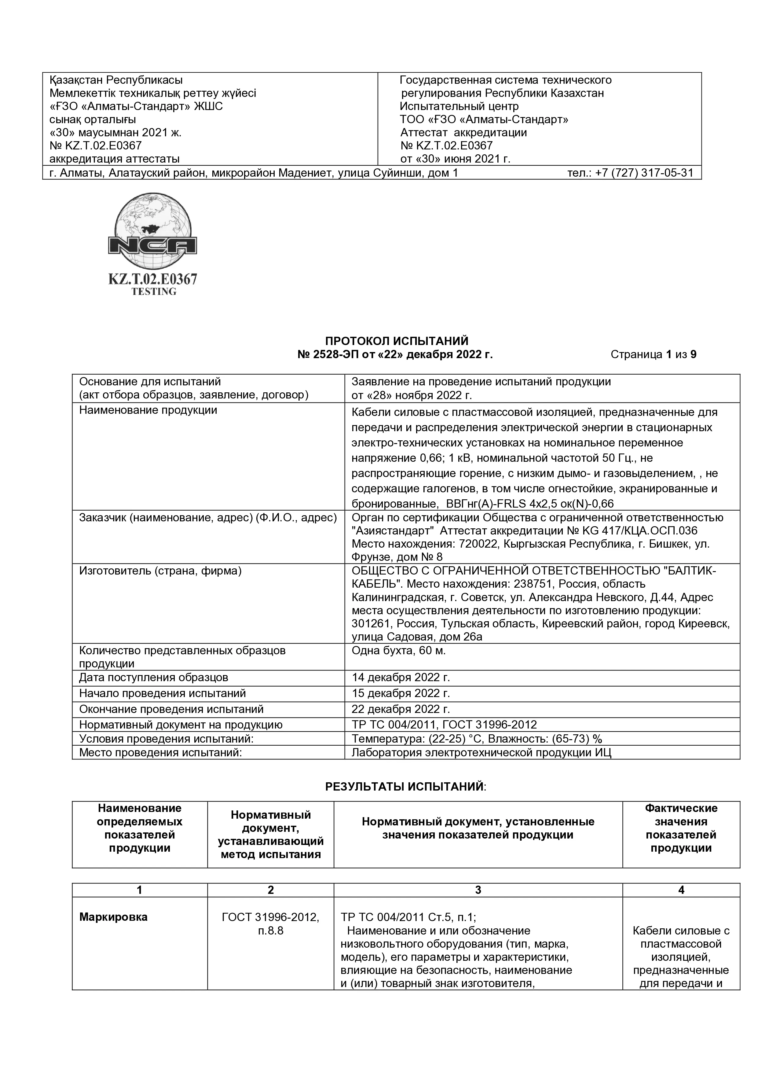 Протокол испытаний №2528